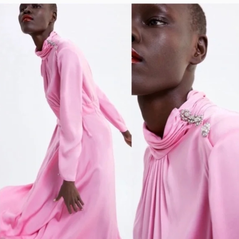 Zarlah Printed Tie Detail Midi Shirt Dress Pink